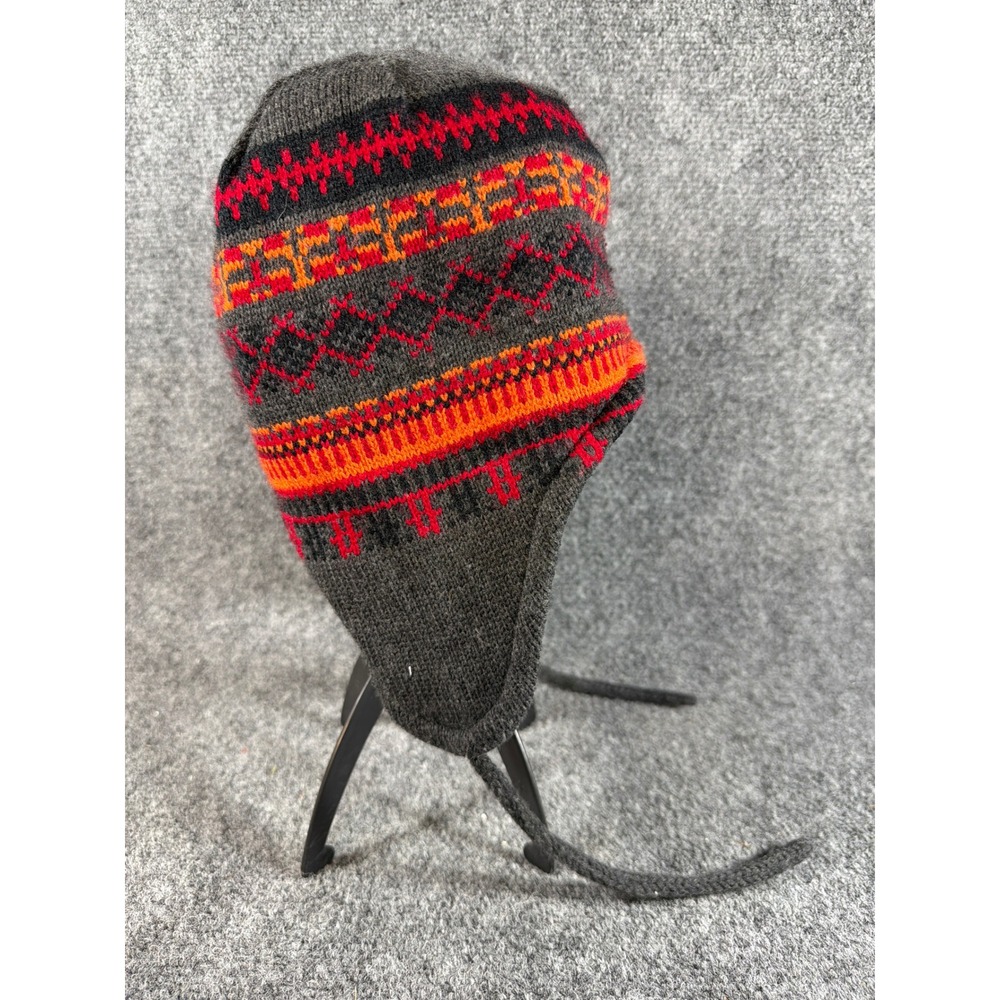 Screamer Fair Isle Earflap Beanie Hat Gray Red Orange Fleece Lined Tassels - Picture 4 of 8
